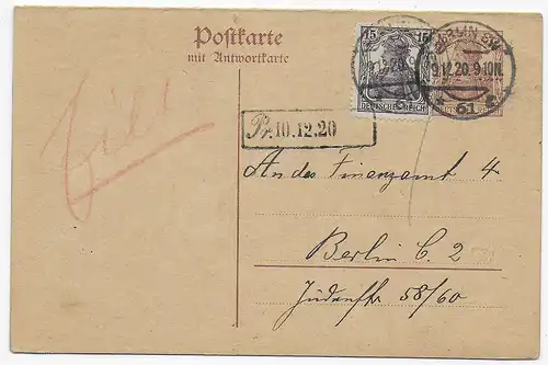 Double carte 1920 Berlin à l'administration fiscale avec carte de réponse retour