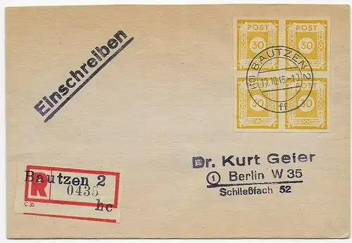 Einschreiben Bautzen 1946 nach Berlin, R-Zettel mit Formnummer