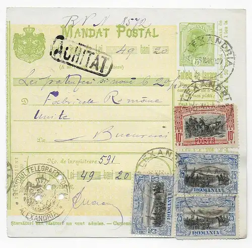 Carte de paquet Alexandria 1907 vers Bucarest