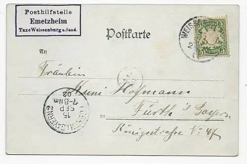 Carte postale d'aide Emetzheim/Taxe Weissenburg a. Sand vers Fürth, 1902