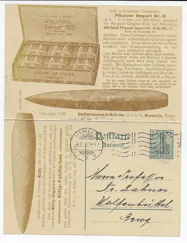 Ganzsache Antwortkarte Hameln 1912 nach Wolfenbüttel, Zigarrenwebung