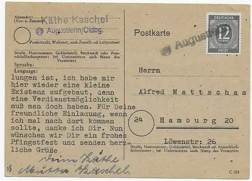 Seltener Notstempel 1947 Augustfehn/Oldenburg nach Hamburg
