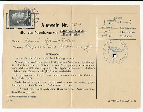 Ausweis für Dauerbezug von Briefmarken, Frankiert 1 RM EF, Regensburg 1944