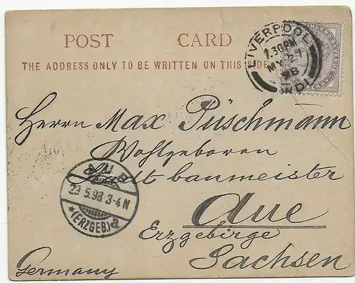 Post card Liverpool 1898 to Aue/Germany, Kaiserlich Deutsches Konsulat