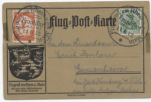 Flug-Post-Karte: Flugpost am Rhein, Sonderstempel Frankfurt nach Gonzenheim 1912