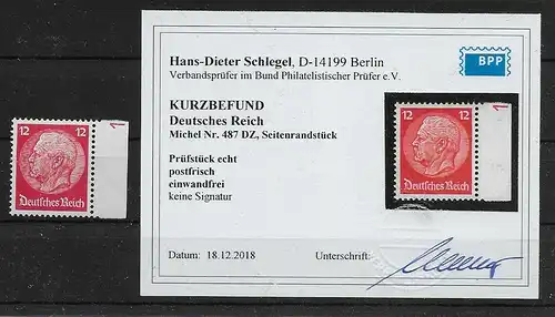 MiNr. 487 DZ, postfrisch, **, BPP geprüft