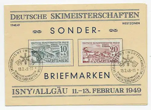 Deutsche Ski-Meisterschaften, 1949, Isny mit Sonderstempel und Sonderkarte