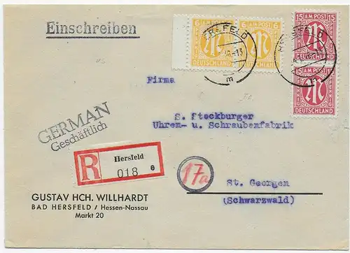 Einschreiben Hersfeld nach St. Georgen, 1946