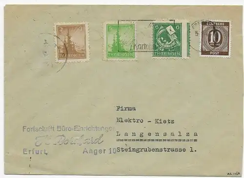 Brief von Erfurt nach Langensalza , Kartoffelkäfer, 1947, Signatur AG Thüringen