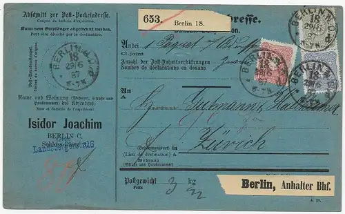 Paketkarte Berlin nach Zürich, 1887