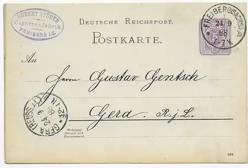 Ganzsache Freiberg/Sachsen nach Gera, Zigarrenfabrik, 1888