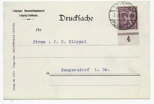 Drucksache Postkarte Leipzig, Unterrand nach Neugersdorf, Baumwollspinnerei 1922