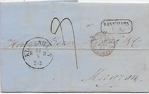 Brief Kopenhagen 1864 nach Mugron, Frankreich, über Hamburg