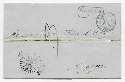 1858 Brief Kopenhagen nach Mugron, Frankreich, über Bordeaux und Hamburg T&T