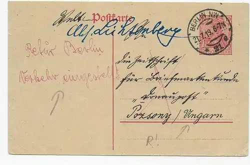 Ganzsache Berlin nach Pozsony, Ungarn, 1919 und zurück: Verkehr eingestellt