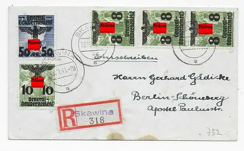GG: Einschreiben von Skawina nach Berlin Schöneberg, 1940, portogerecht