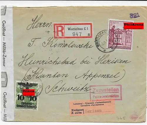 GG: Einschreiben Interniertenbrief Warschau nach Herisau, 1941, Dt und CH Zensur