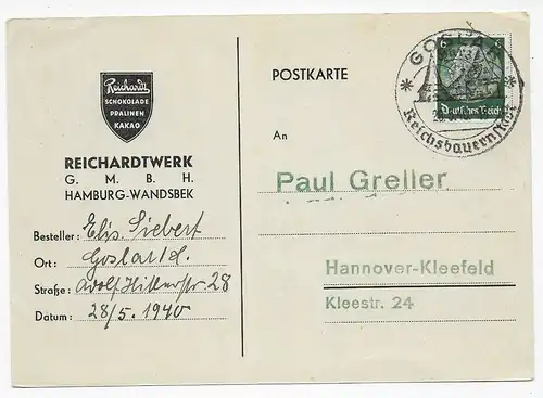 Postkarte Reichardtwerk Hamburg, Schokolade nach Hannover 1940