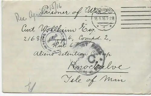 Brief aus Hamburg, 1916 nach Knockaloe Internment Camp, Isle of Man, Kgf PoW