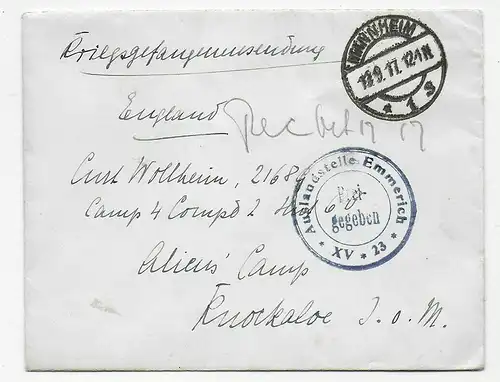 Brief aus Mannheim 1915 nach Knockaloe Internment Camp, Isle of Man, Kgf PoW