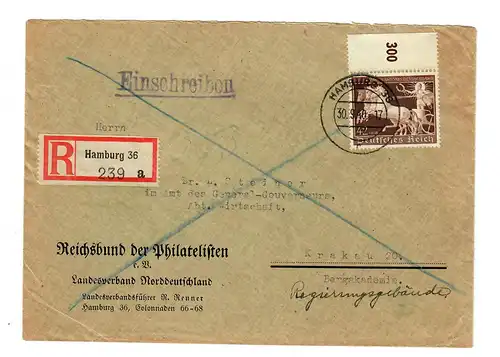 Einschreiben Hamburg, 1940, Reichsbund der  Philatelisten nach Krakau/Regierung