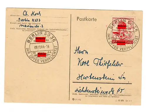 FDC Postkarte: Berlin 1944 nach Hartenstein