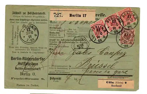 Paketkarte Berlin, 1891 nach Brüssel, über Köln, Hutfabrik