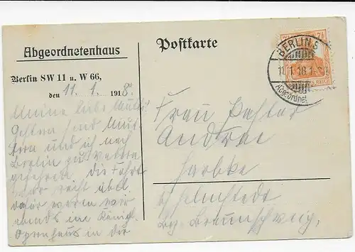 Postkarte Berlin, 11.1.1918 aus dem Abgeordentenhaus