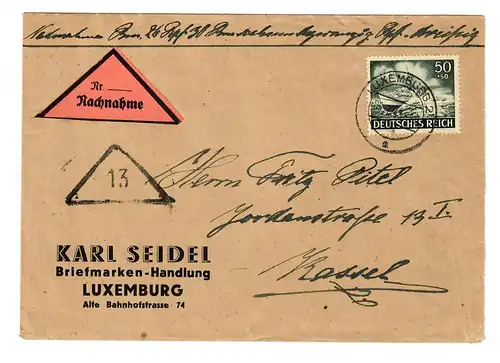 Nachnahme Luxemburg 1943 nach Kassel, mit Fristenstempel