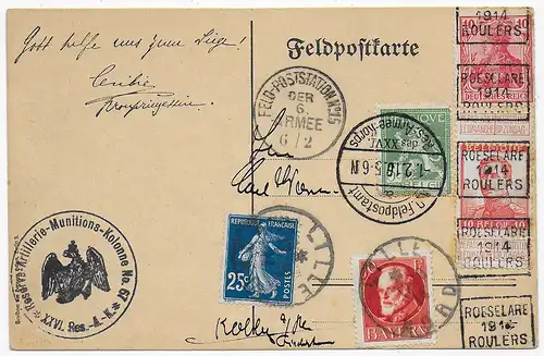 Feldpostkarte 1914 von Lille: Reserve Artillerie-Munitions-Kolone