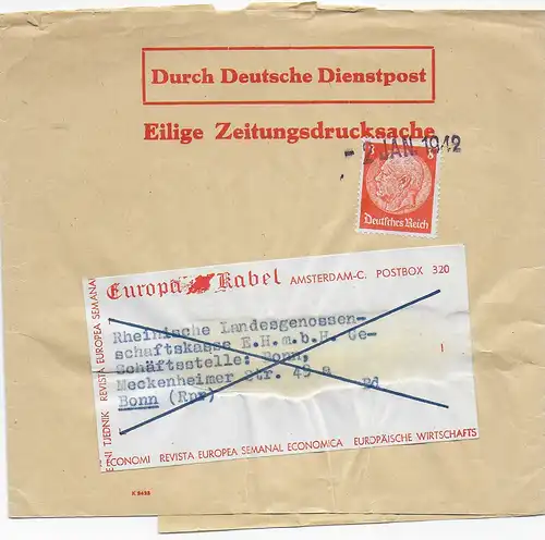 Zeitungsdrucksache 1942 Amsterdam nach Bonn, Europa-Kabel