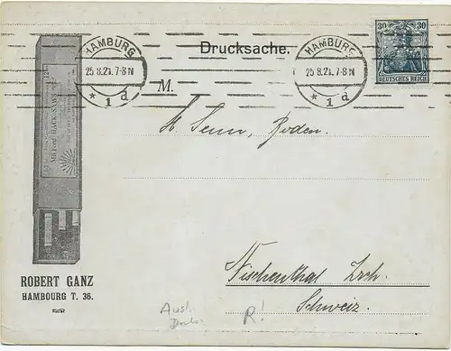 große Drucksachen Karte von Hamburg in die Schweiz, 1921, Perfin, Firmenlochung