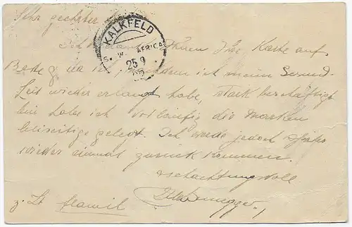 Postkarte aus Flawil, 1922 nach Kalkfeld, Südafrika