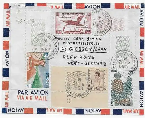 Air Mail Kambodscha 1963 nach Gießen: Motiv Ananas, Vogel