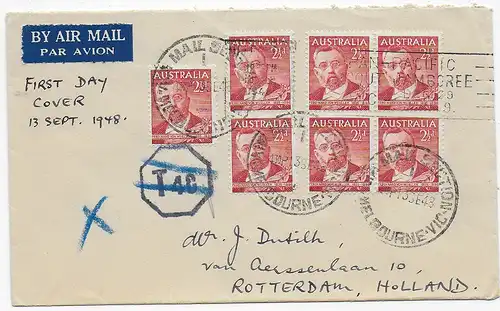FDC - air Mail Melbourne nach Rotterdam, 1948, rückseitig Känguru