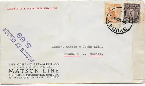 Sydney to Honolulu/Hawaii, 1941, 2x censorship: US and Australia