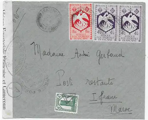 France Libre: Brazzaville Afrique equatoriale francais 1944 to Marocco, censor