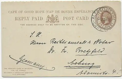 post card with reply card Alfred Docs, Cape Town, 1912 to Coburg/Germany