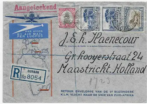 Registered Durban via air mail to Maastricht 1940