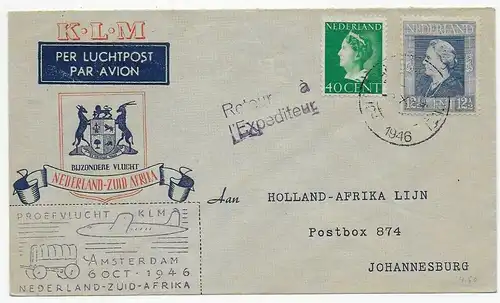 KLM Luftpost - air mail: Amsterdam - Süd Afrika - Johannesburg, Retour, 1946