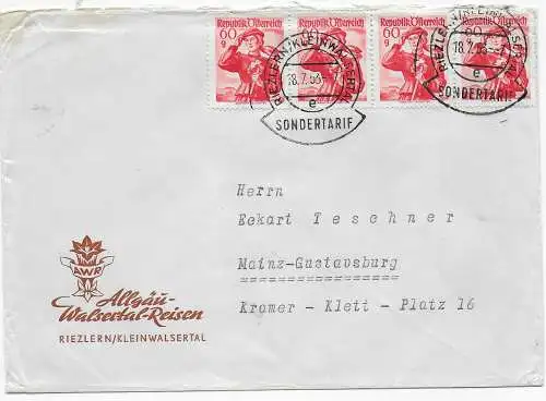 Riezlern Kleinwalsertal, Sondertarif nach Mainz, 1953