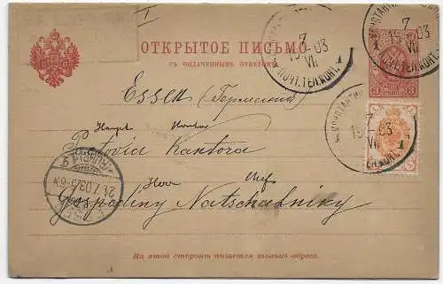 Postkarte mit Antwortkarte 1903 Russland nach Essen