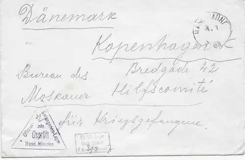 Kgf/PoW: Dänemark Kopenhagen an Moskauer Hilfskomité, Zensur Hann. Münden 1917