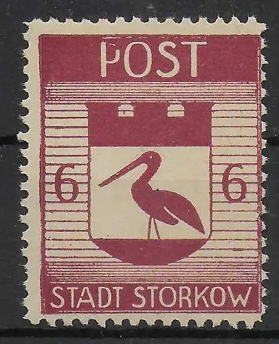 Stadt Storkow, MiNr. 12,  Plattenfehler gebrochenes P in Post, postfrisch, **