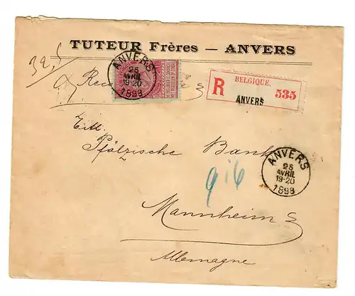 Einschreiben Anvers 1898 nach Mannheim