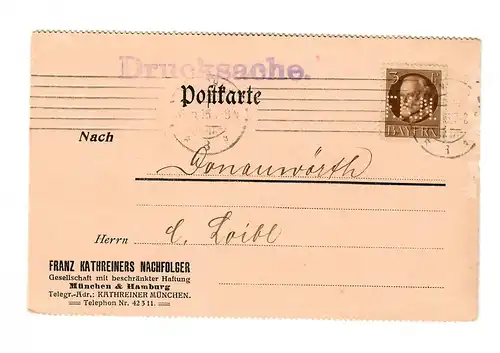 Carte postale 1915 Perfin - Trou de l'entreprise FKN, Munich vers Donauwörth