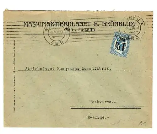 Lettre de Turku, 1924 vers la Suède, Huskvarna