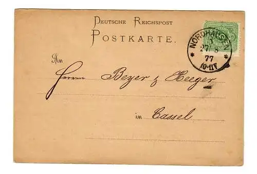 Postkarte Nordhausen, 1877 nach Kassel, Papierhandlung