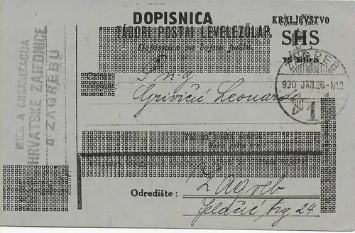 Postkarte Dopisnica Kralievstvo SHS von Zagreb, 1926