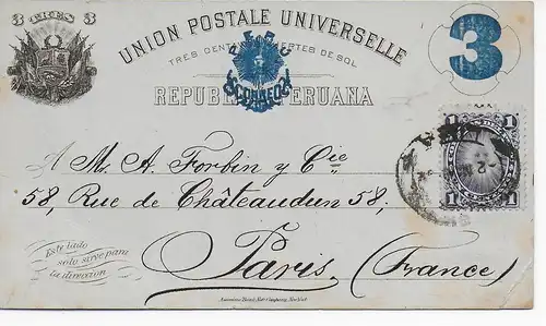 Post card Lima 1892 to Paris